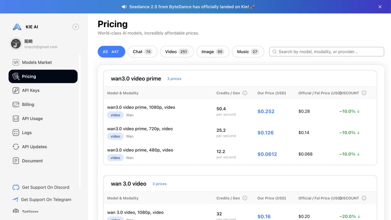 Kie.AI official pricing page, captured 2026-08-27
