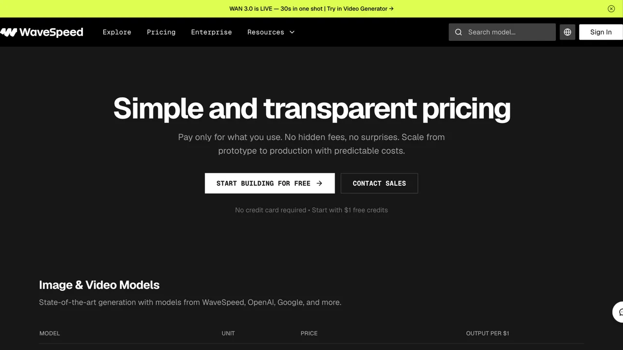 WaveSpeedAI official pricing page, captured 2026-08-27